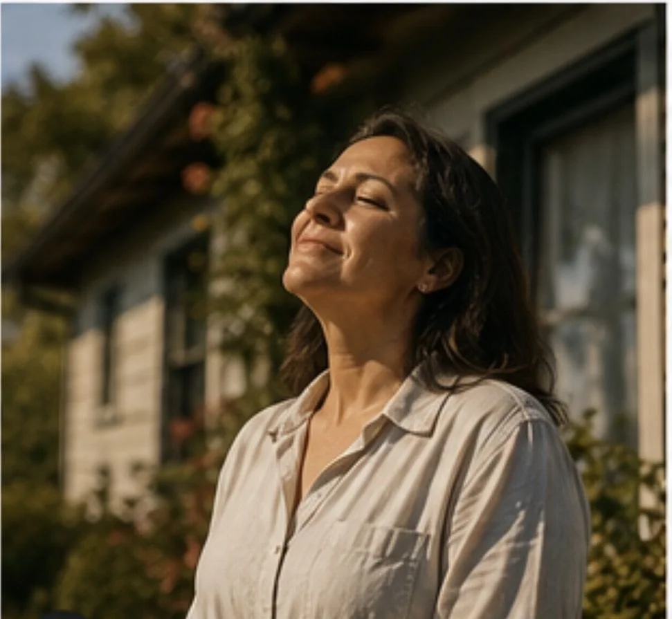 A woman turning her face to the sun, a moment of relief
