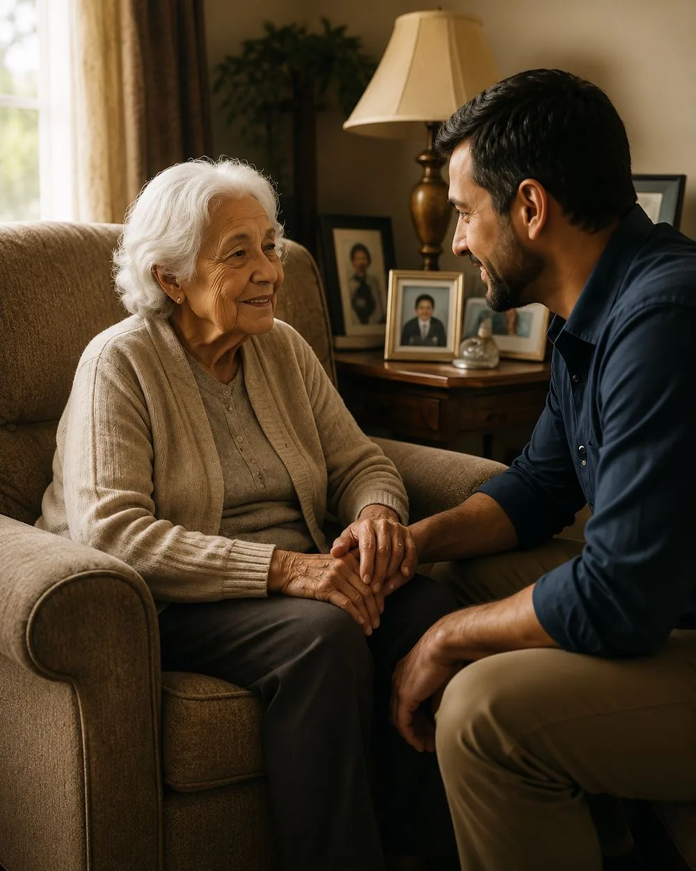 An older woman and a man holding hands, met with care and dignity