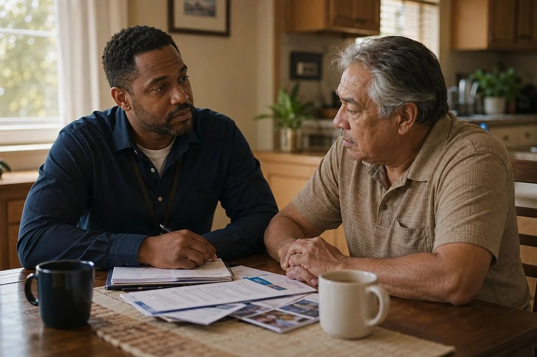 Two people talking through home-selling options at a kitchen table